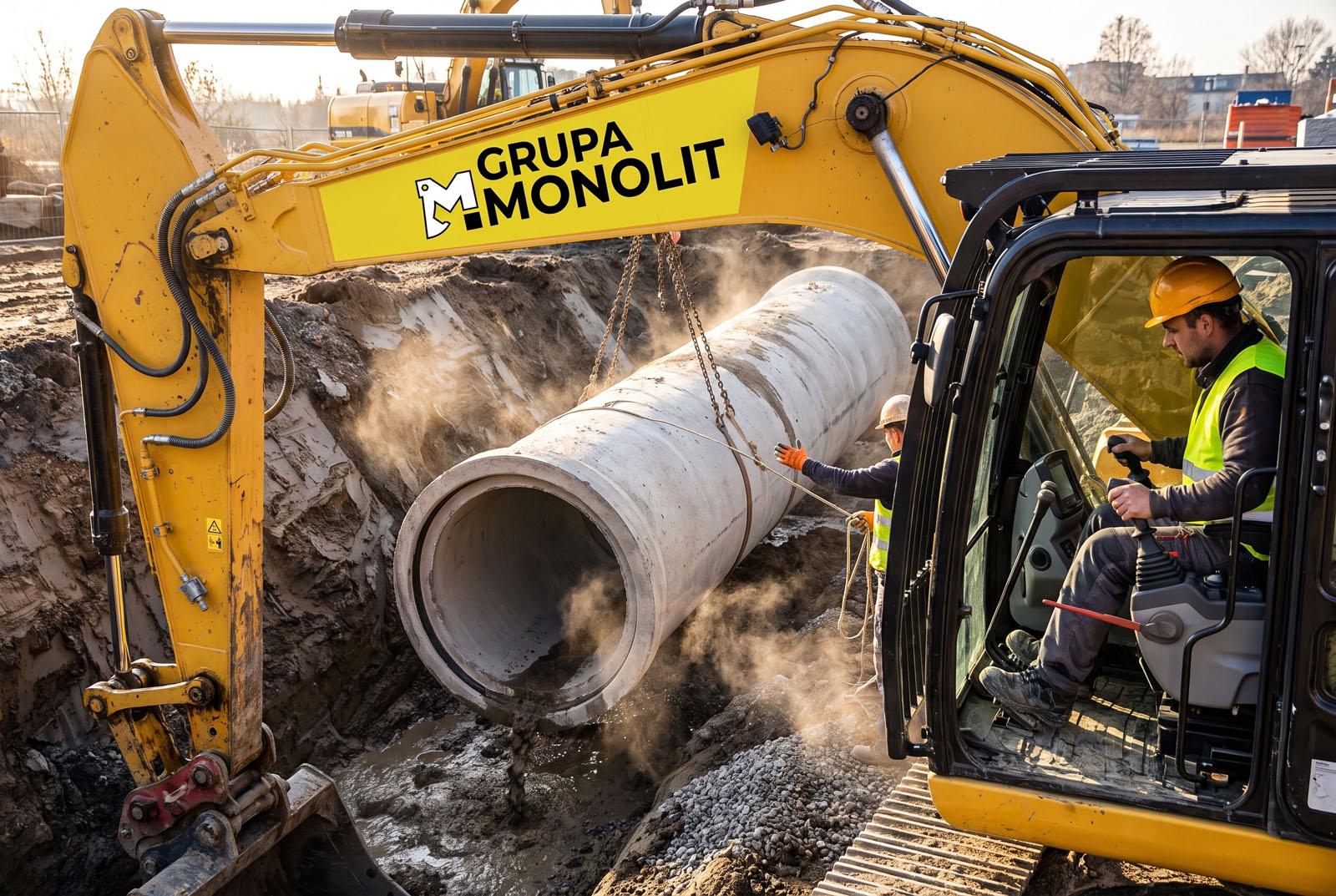Koparka gąsienicowa Grupa Monolit montuje ciężką rurę betonową w wykopie podczas budowy sieci kanalizacyjnej.