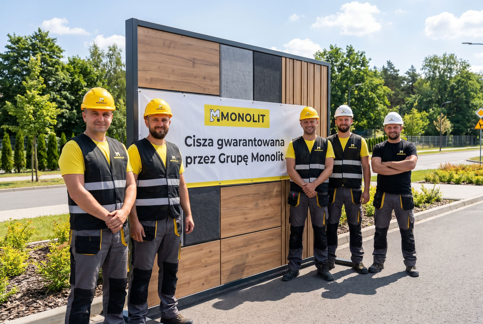 Zespół pracowników w kaskach ochronnych przy nowoczesnym panelu ogrodzeniowym z napisem Cisza gwarantowana przez Grupę Monolit.