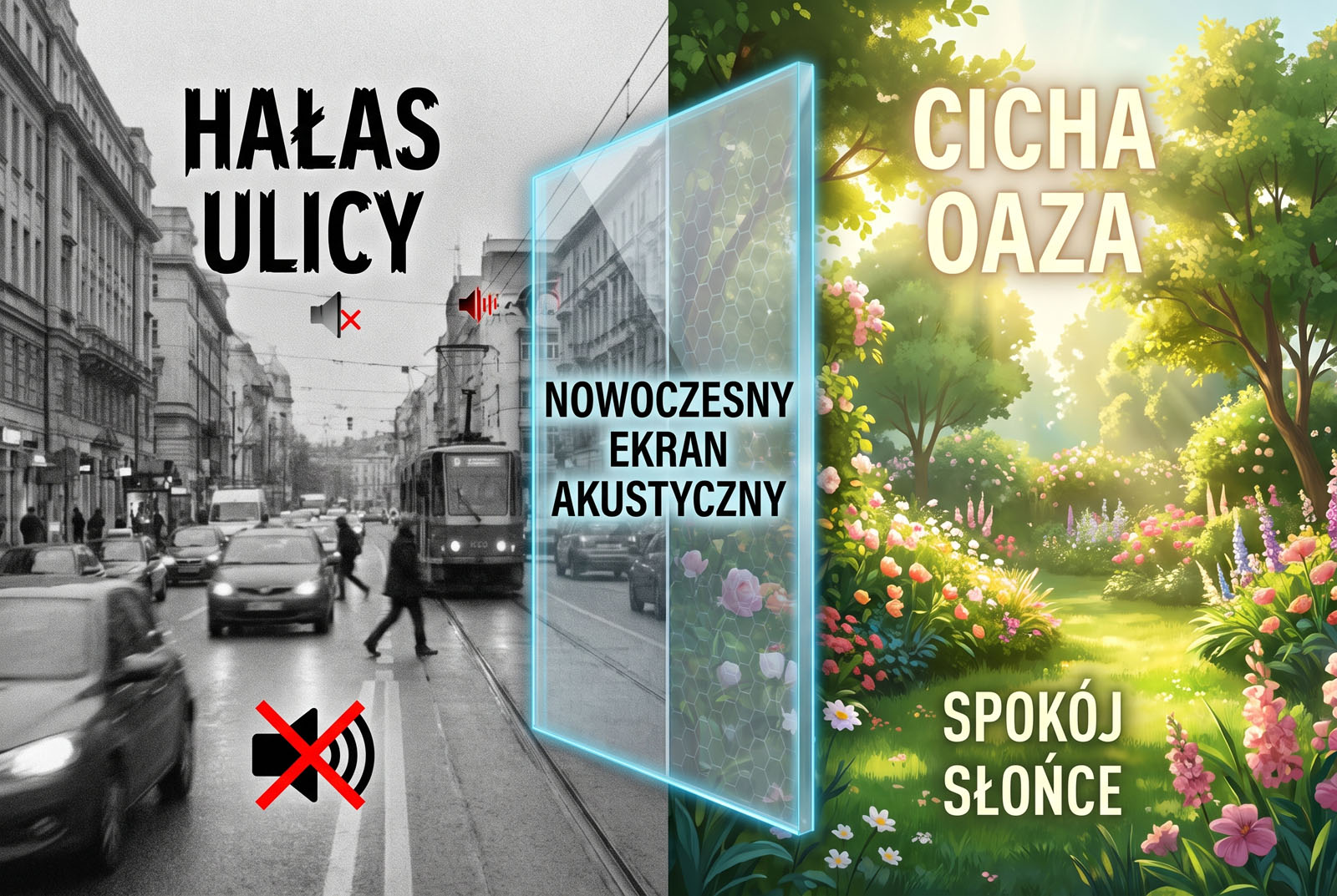 Grafika porównawcza pokazująca hałas ulicy kontra cichą oazę z ogrodem, oddzielone przez nowoczesny ekran akustyczny Grupa Monolit.